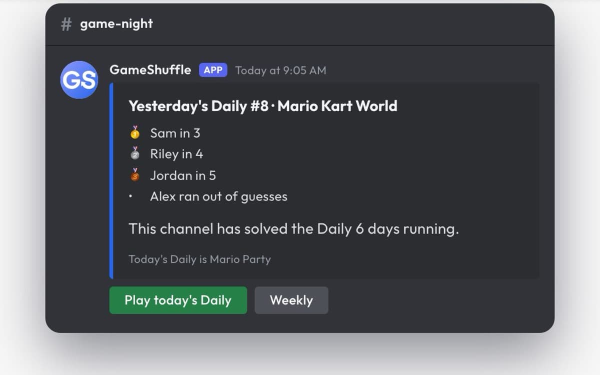 Daily Shuffle results card posted in a Discord channel