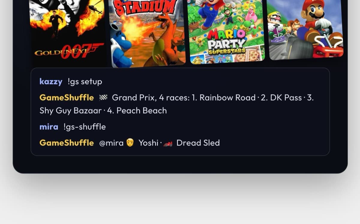 Twitch chat rolling a Mario Kart setup with GameShuffle commands