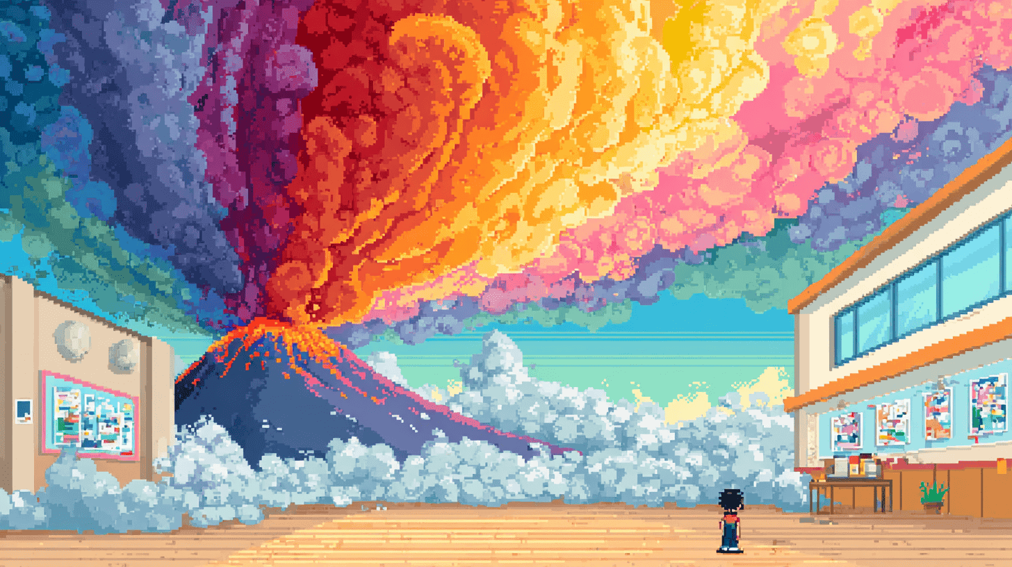16-bit pixel art of a small proud figure standing next to a massive erupting volcano in a school gymnasium, colorful foam explosion filling the room